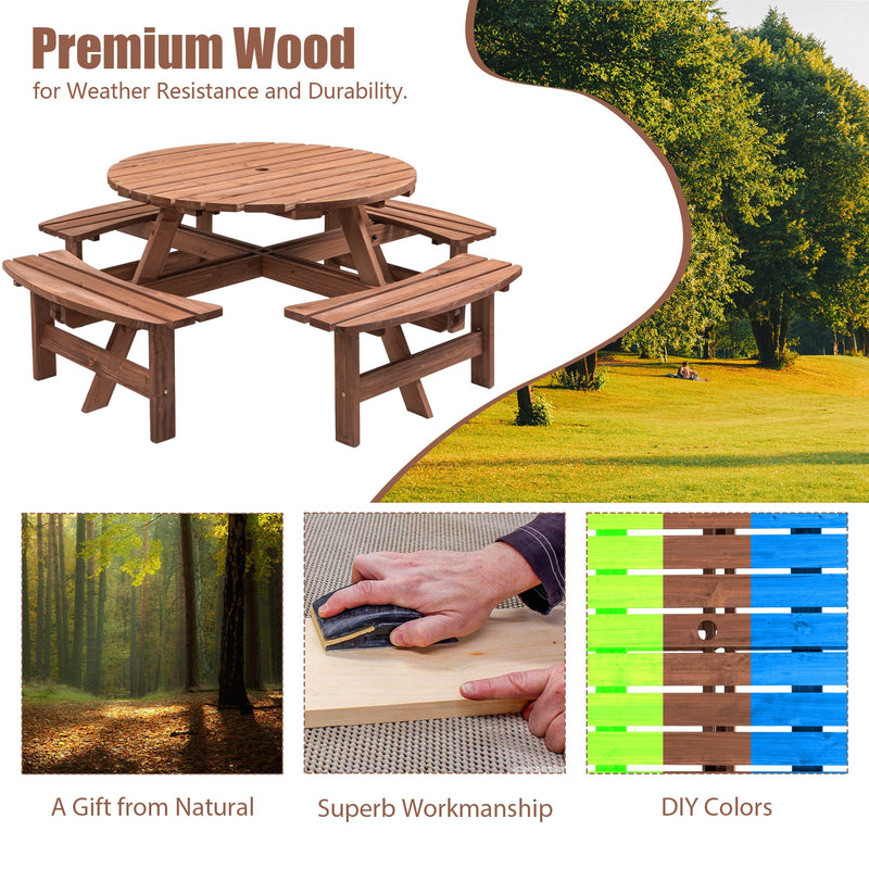 8 Person Wooden Picnic Table, Outdoor Camping Dining Table with Seat, Garden, DIY w/ 4 Built-in Benches, 2220lb Capacity