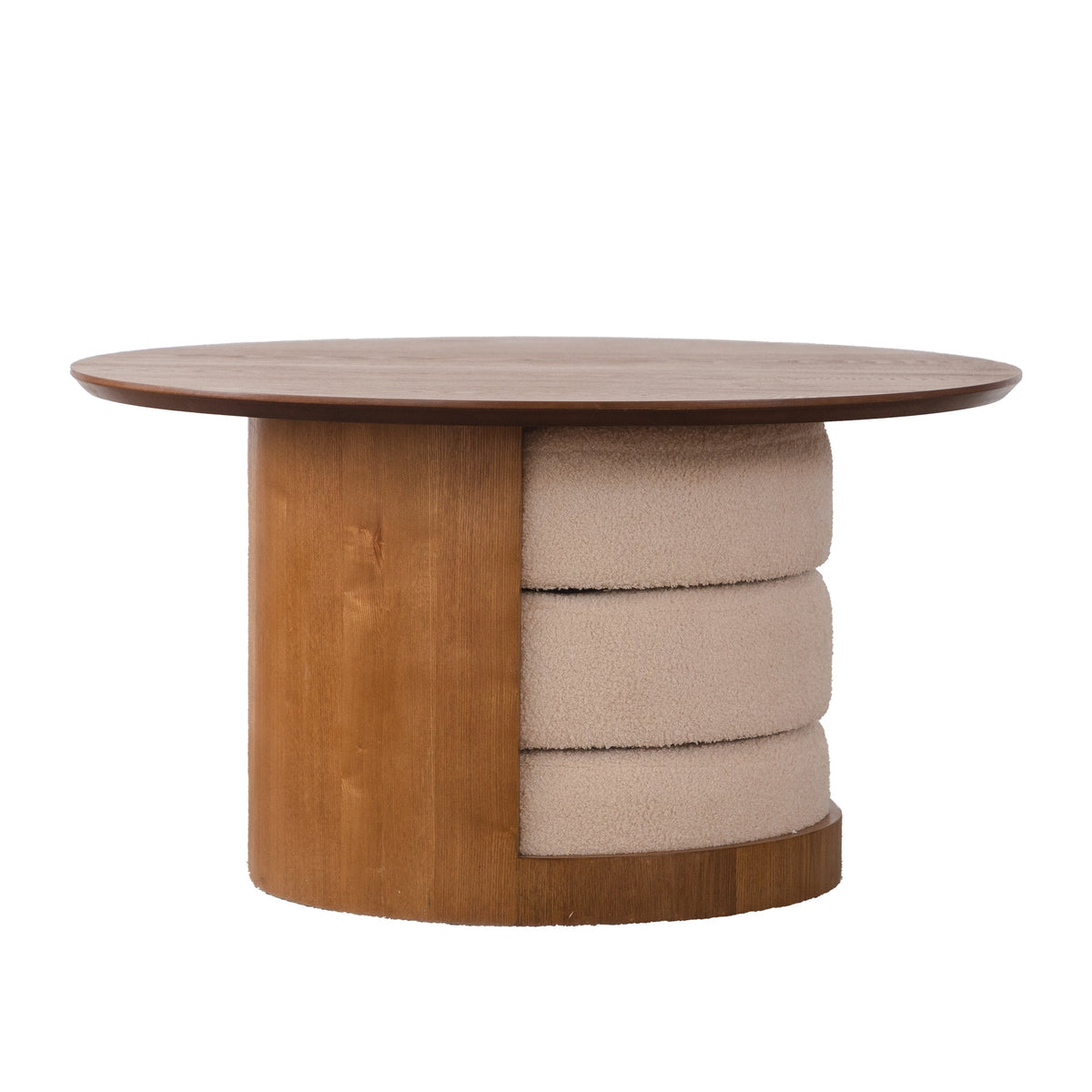 31.5" Round Wood Coffee Table with 3 Teddy Fabric Nesting Stools, photo 6 of 10