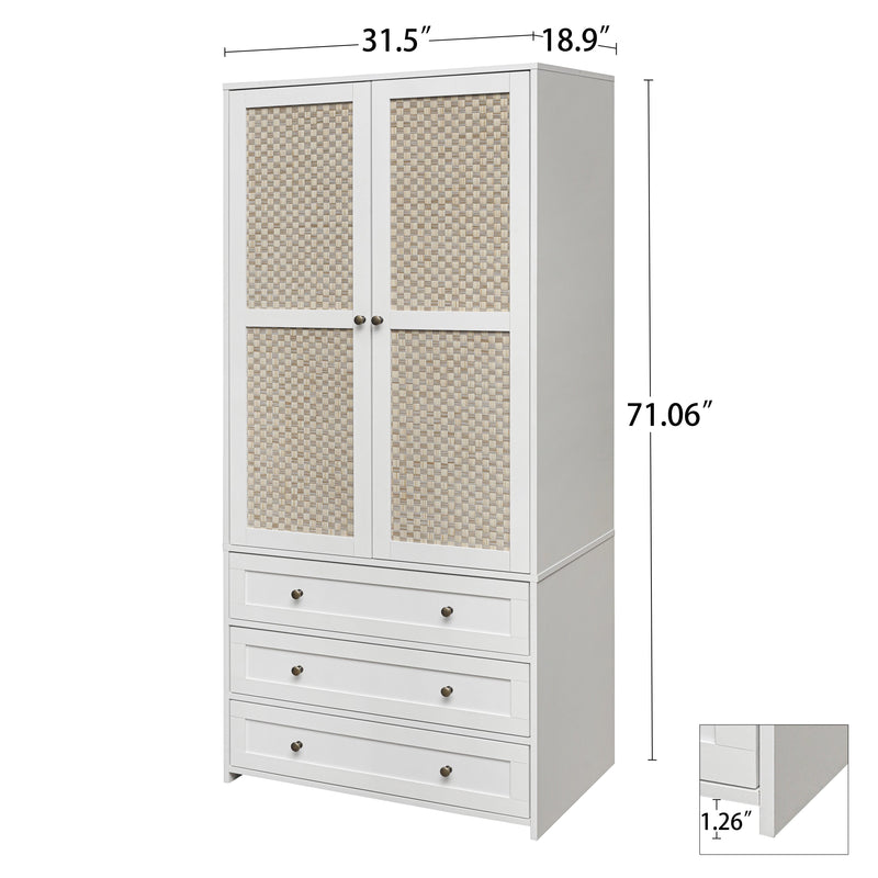 Walker Edison - 2-Door Wardrobe with 3 Drawers High Wardrobe  Armoire With 2 Rattan Door For Living Room, Bedroom Organizer