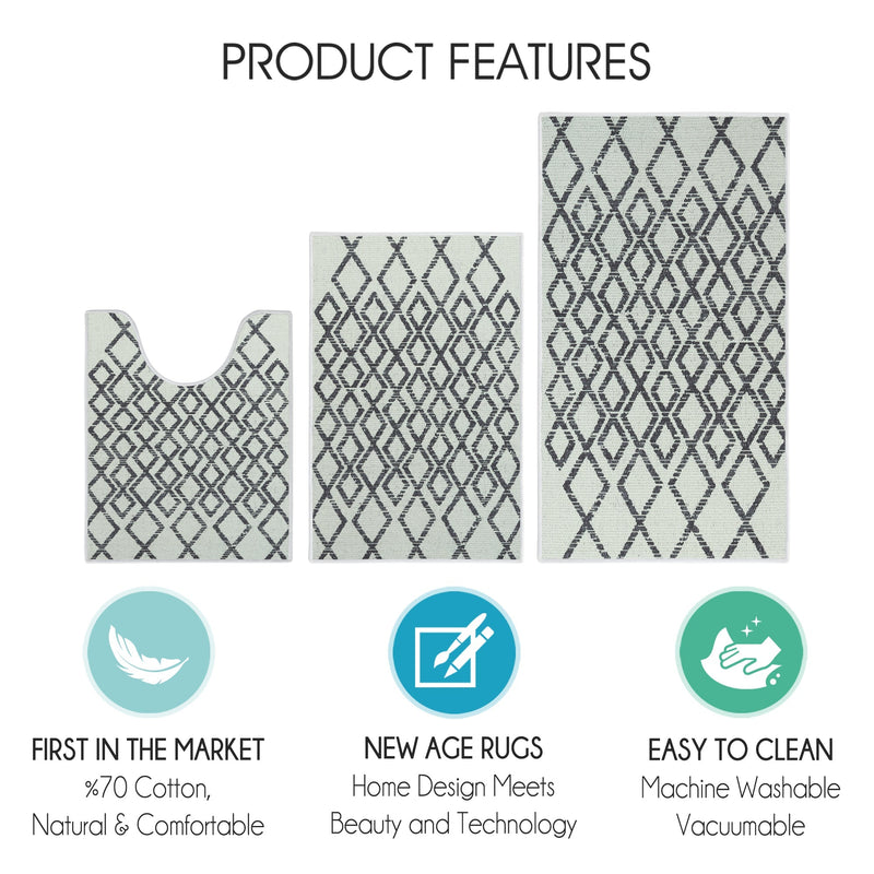Geometric Daimond Design 3 Piece Bathroom Rugs Set | Ivory