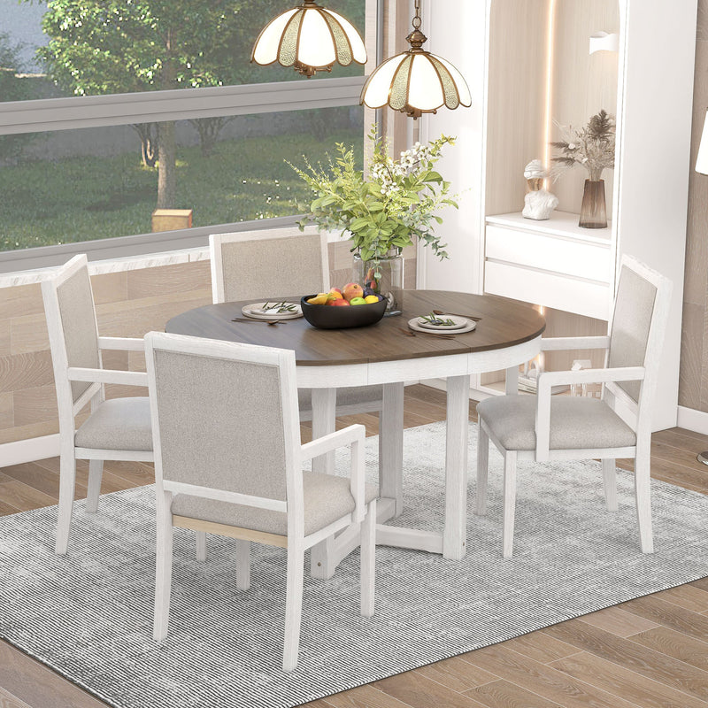 5-Piece Dining Table Set, Two-Size Round To Oval Extendable Butterfly Leaf Wood Dining Table and 4 Upholstered Dining Chairs with Armrests (Brown+White)