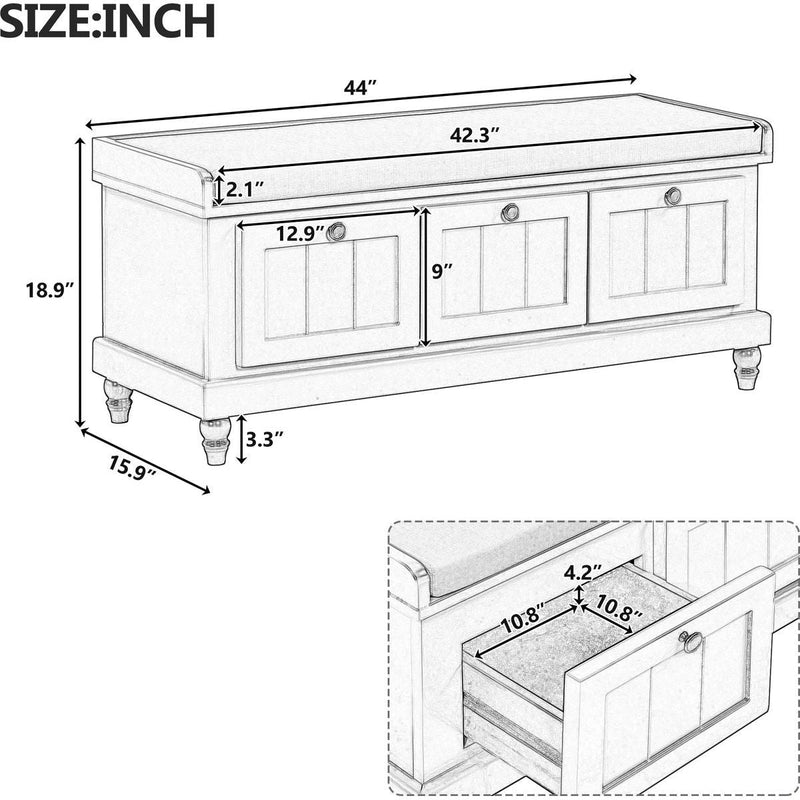 TREXM Classic Shoe Bench with Cushion and Three Drawers, Fluted Entryway Bench with Storage for Living Room, Entryway, and Hallways (Espresso)