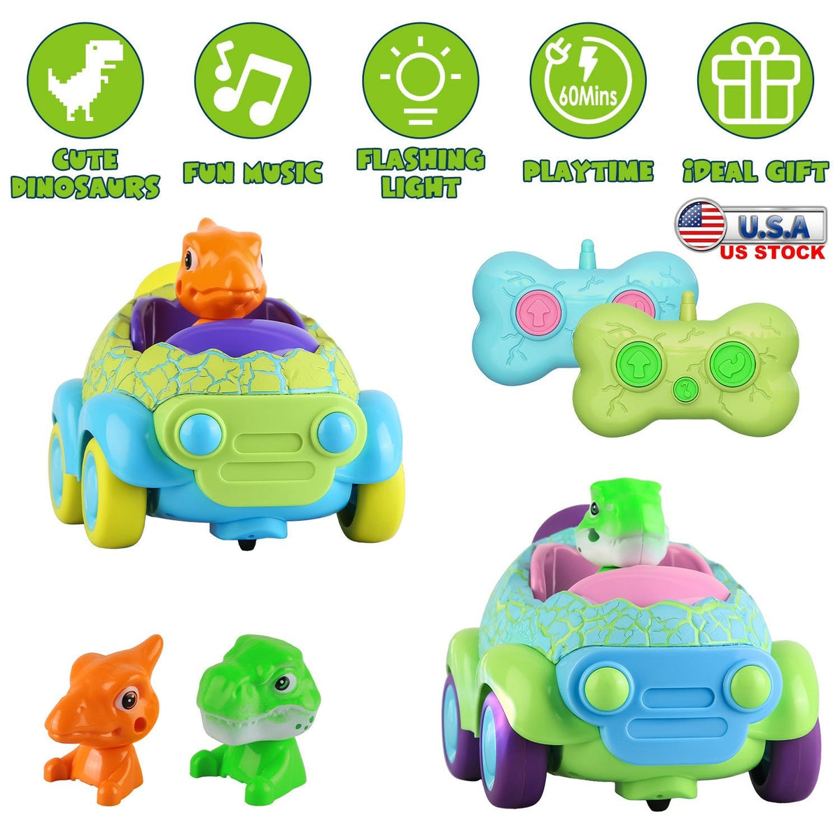 2Pack Dinosaur Remote Control Cars for Toddlers Rechargeable RC Cars with Light Music Birthday Gift For Boys Girls Aged 3 4 5 6 Years Old, photo 7 of 11