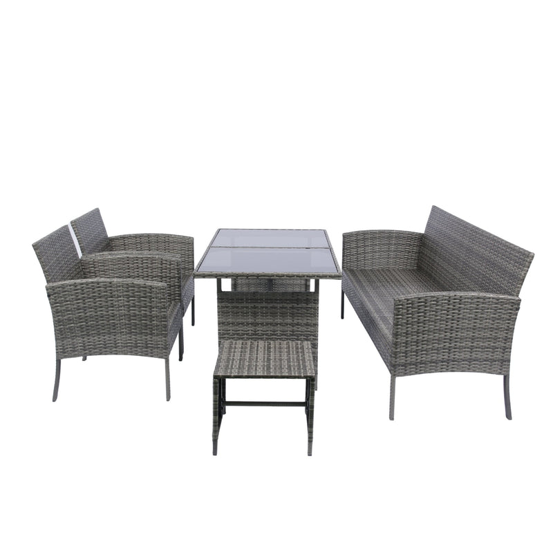 6 Piece Patio Wicker Sectional Set Patio Backyard Conversation Set Grey Wicker + Dark Grey Cushion