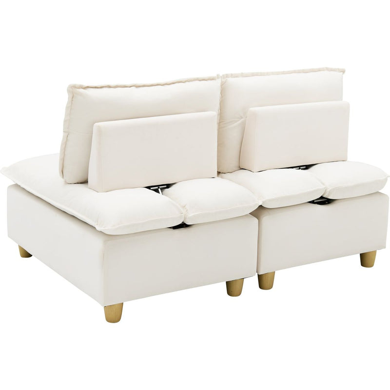 58-inch double-seat sofa in straight-row style, made of beige flannel, with a fashionable and minimalist design, which is suitable for the living room and balcony.