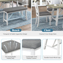 6 Piece Dining Table Set Wood Dining Table and chair Kitchen Table Set with Table, Bench and 4 Chairs, Rustic Style, White+Gray