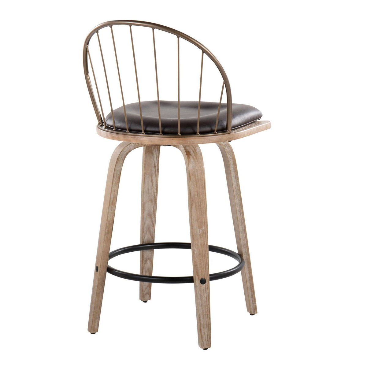 Riley - Farmhouse Fixed Height Counter Stool Round Footrest With Removable Cushion (Set of 2) - White Washed / Antique Copper / Brown, photo 2 of 4
