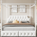 Queen Size Canopy Platform Bed With Upholstered Headboard And 2 Storage Drawers - White by HouseOfZazla