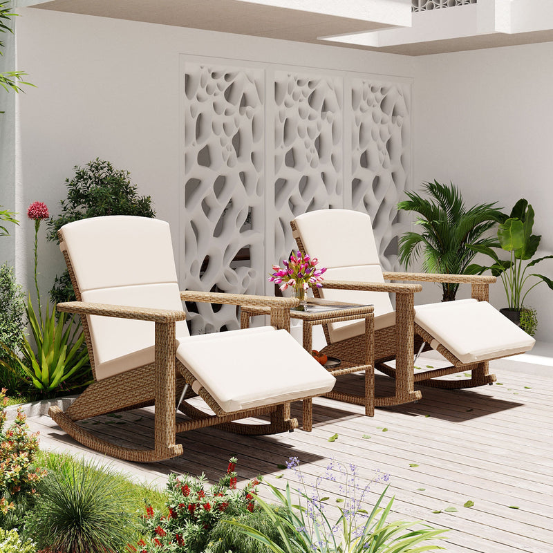 Adjustable Outdoor Wicker Double Rocking Chair with Coffee Table, Suitable for Backyard, Garden, Poolside.