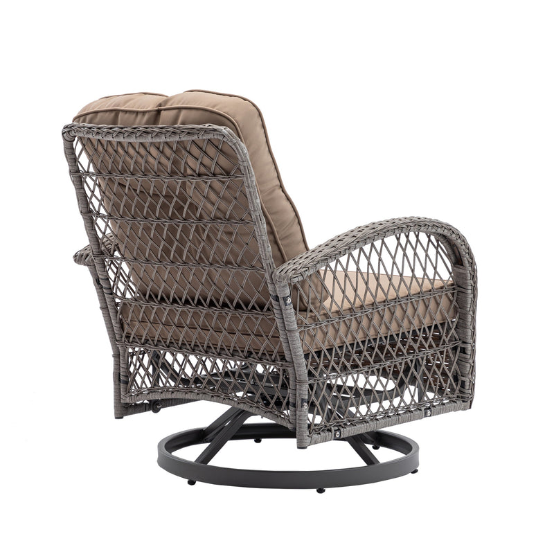 3 Pieces Outdoor Swivel Rocker Patio Chairs, 360 Degree Rocking Patio Conversation Set with Thickened Cushions and Glass Coffee Table for Backyard, Khaki