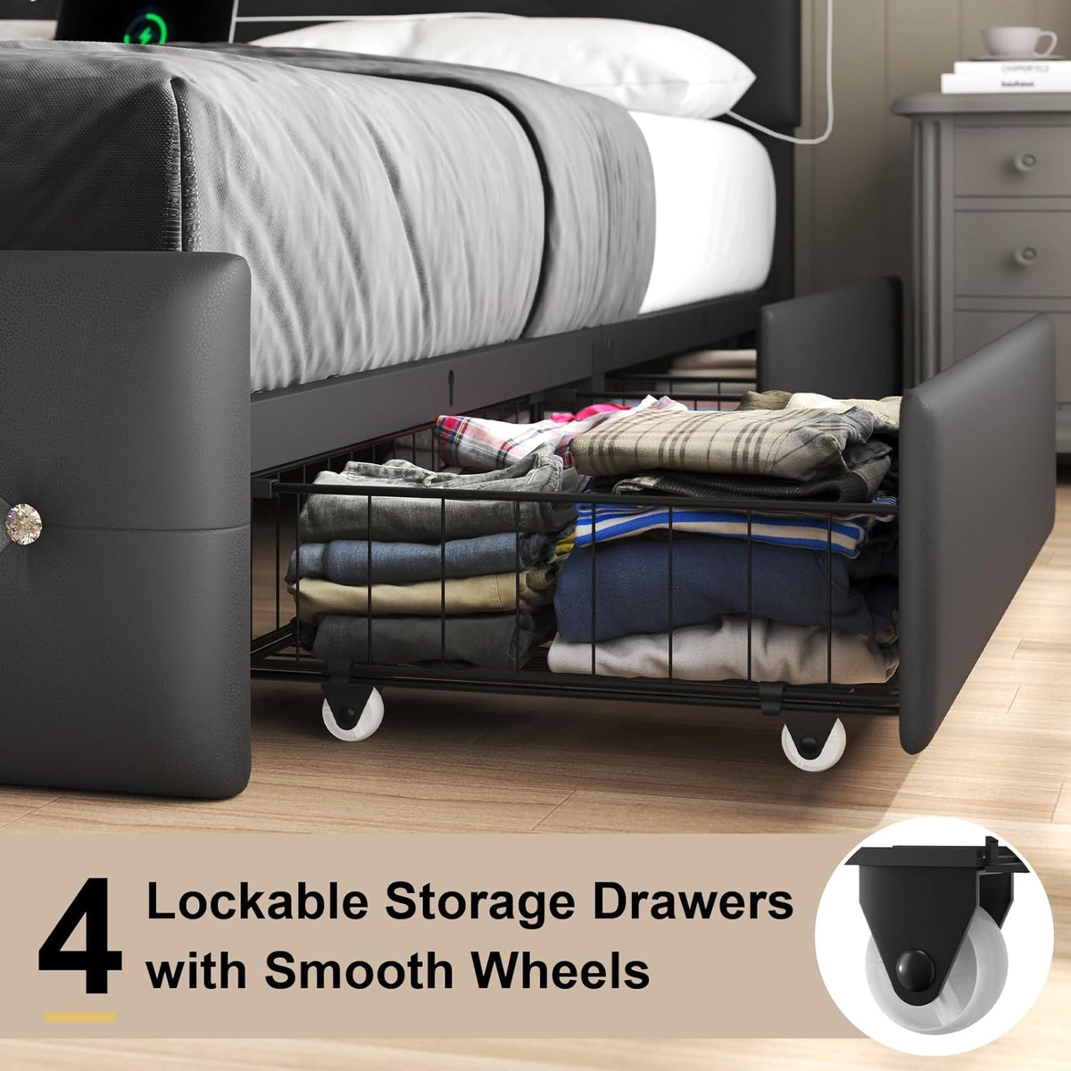 Upholstered Bed Frame With LED Lights, 4 Storage Drawers, Charging Station, photo 18 of 31