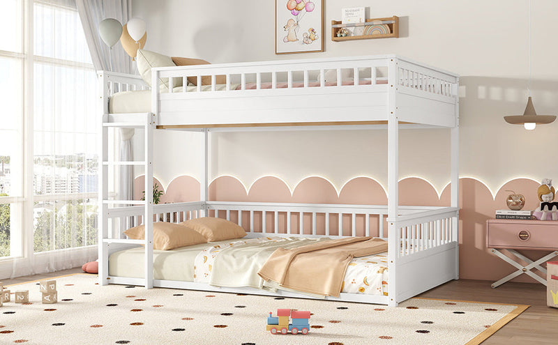 Queen over Queen Bunk Bed with Ladder and Guardrails, White