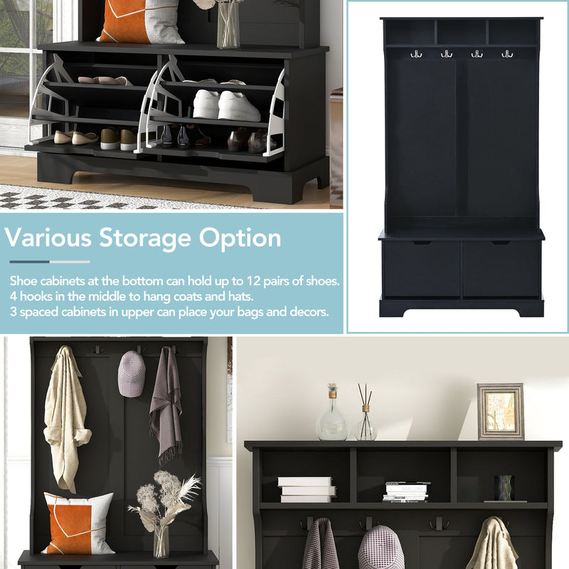 All in One Hall Tree with 3 Top Shelves and 2 Flip Shoe Storage Drawers, Wood Hallway Organizer with Storage Bench and Metal Hanging Hooks, Black