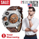MenÕs Quartz Watch Two Time Zone Big Face Military Style Compass Thermometer Decorative Dial PU Leather Strap