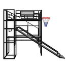 Loft Bed With Built In Desk, Open Wardrobe, Basketball Hoop, Slide And Staircase