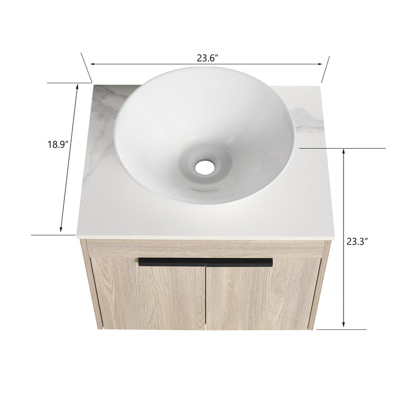 24" Modern Design Float Bathroom Vanity With Ceramic Basin Set, Wall Mounted White Oak Vanity With Soft Close Door, KD-PackingD-Packing Pieces