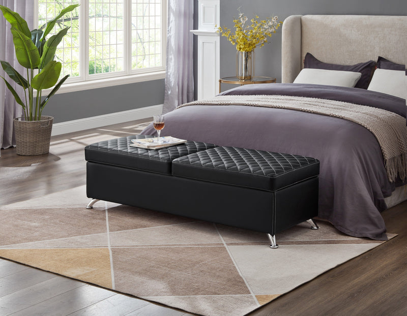 56.7" Bed Bench with Storage Black Leather
