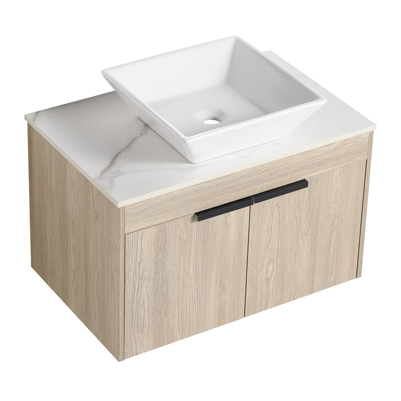30" Modern Design Float Bathroom Vanity With Ceramic Basin Set, Wall Mounted White Oak Vanity With Soft Close Door, KD-PackingD-Packing Pieces