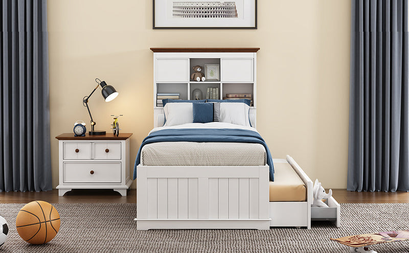 2 Pieces Wooden Captain Bedroom Set Twin Bed with Trundle and Nightstand,White+Walnut