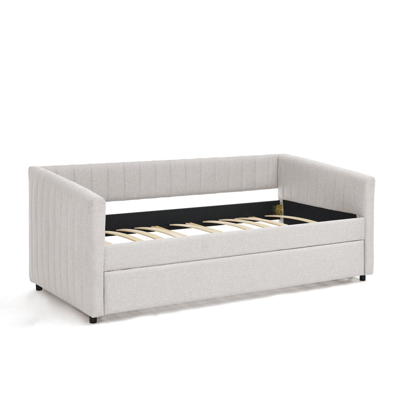 Twin Size Daybed with Trundle Upholstered Sofa Bed, with Vertical Stripes, Linen Fabric, Beige  (82.5'x43'x30')