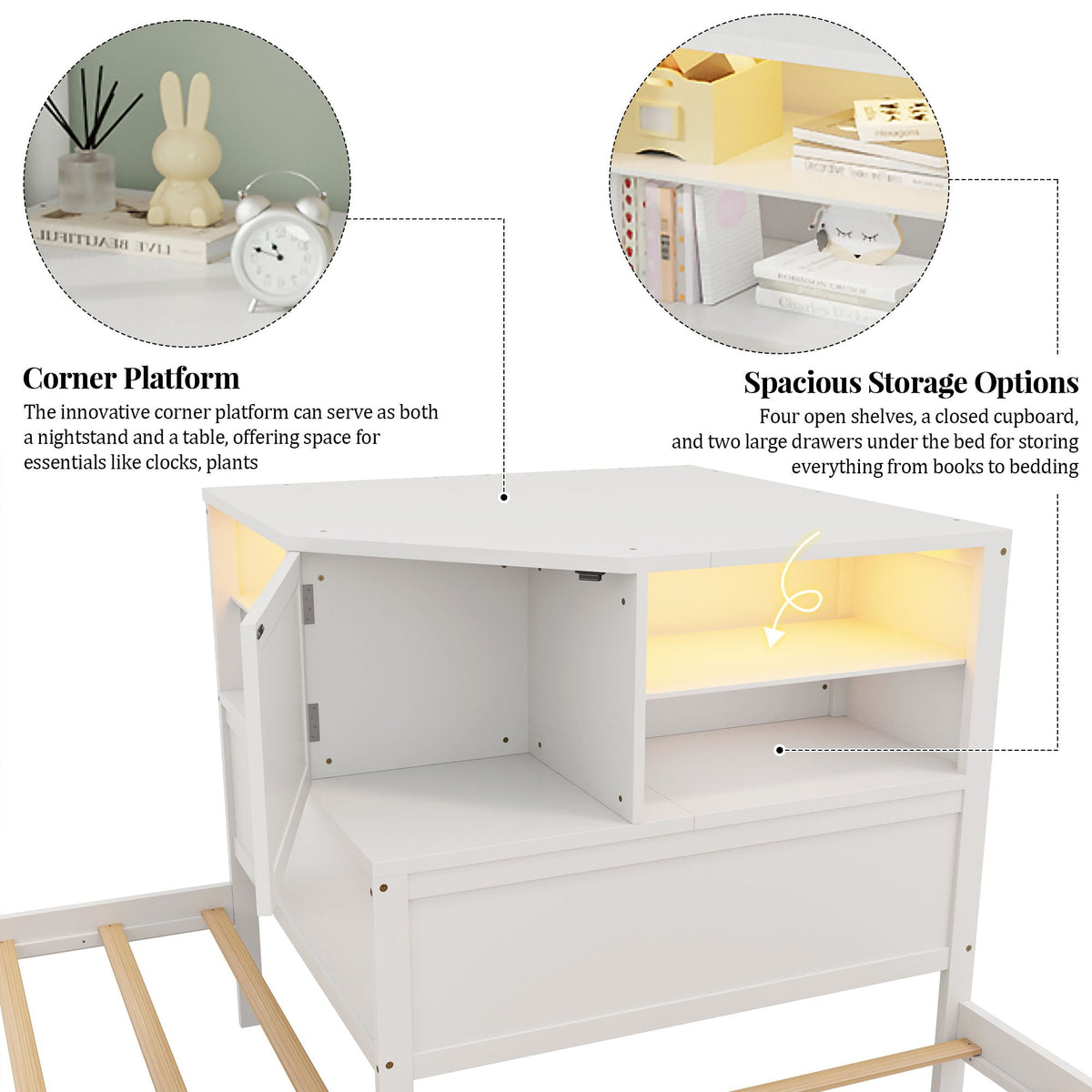 L-Shaped Bed Frame With Trundle, Built In Desk & LED Lighting, photo 17 of 31