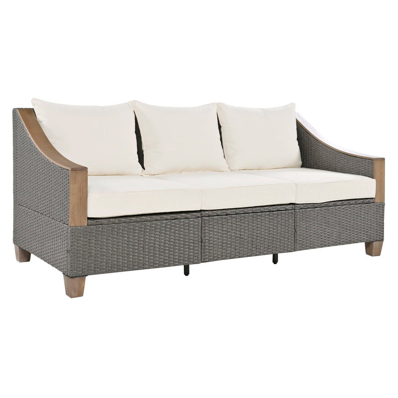 4-Piece Rattan Outdoor Conversation Sofa Set with Wooden Coffee Table and Cushions Seating 5 People for Patio, Garden and Backyard (Grey)