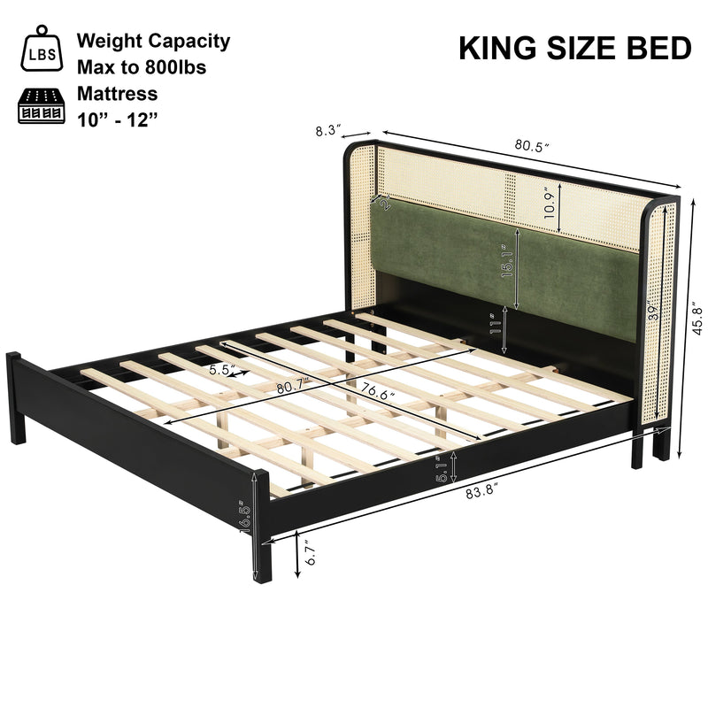 King Size Bed Frame with Black Frame and Green Upholstered Headboard, photo 2 of 10