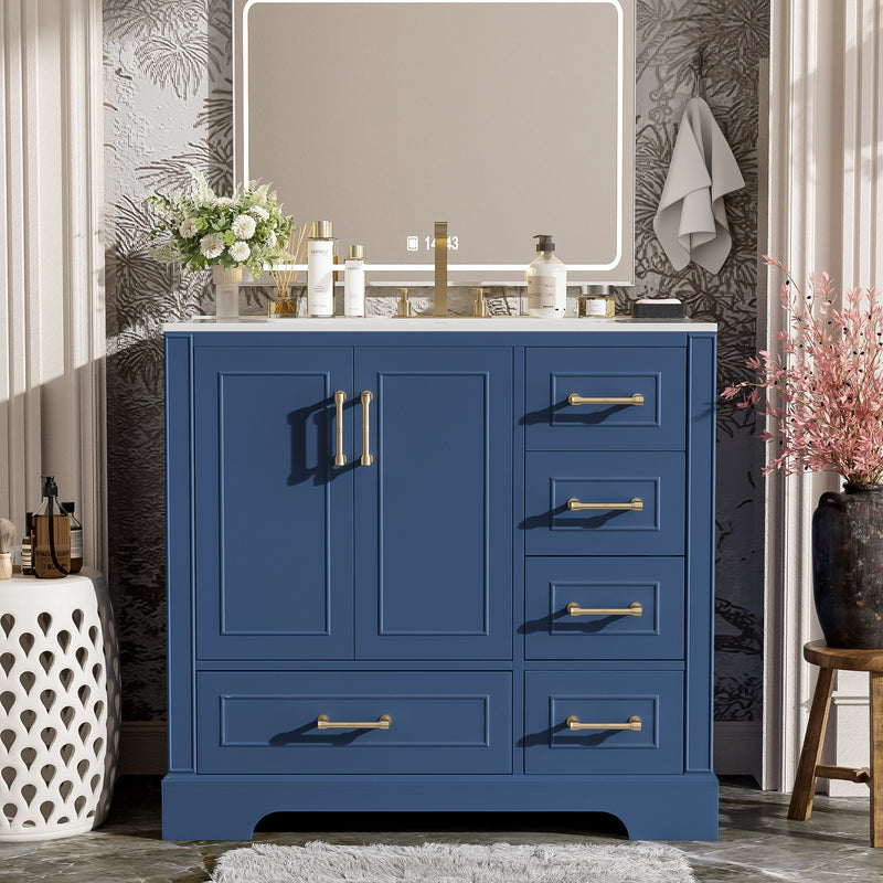 36' Traditional Bathroom Vanity with Ceramics Sink , Blue Bathroom Cabinet with Two Soft Close Doors and Four Drawers(Old sku:SV000026AAC)
