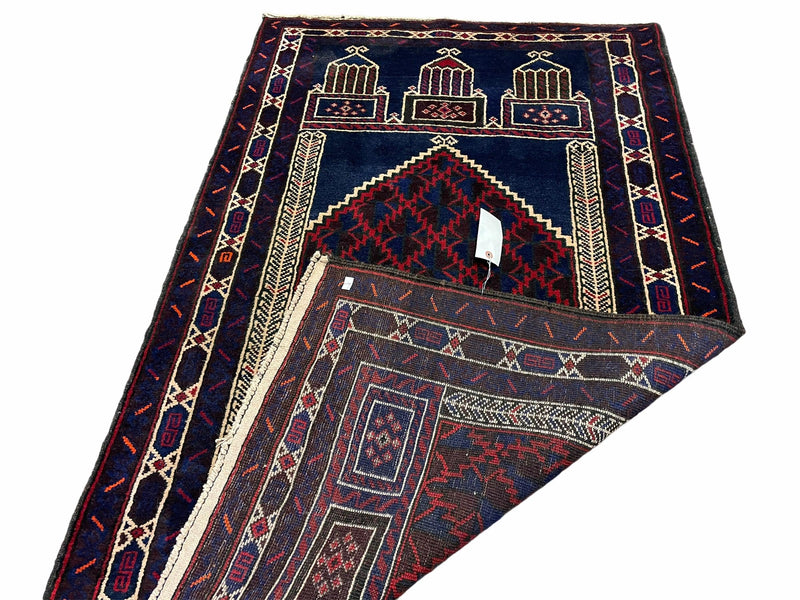3x5 Vintage Handmade Tribal Wool Rug Balouchi Prayer Rug Afghan Rug Red Blue Wow