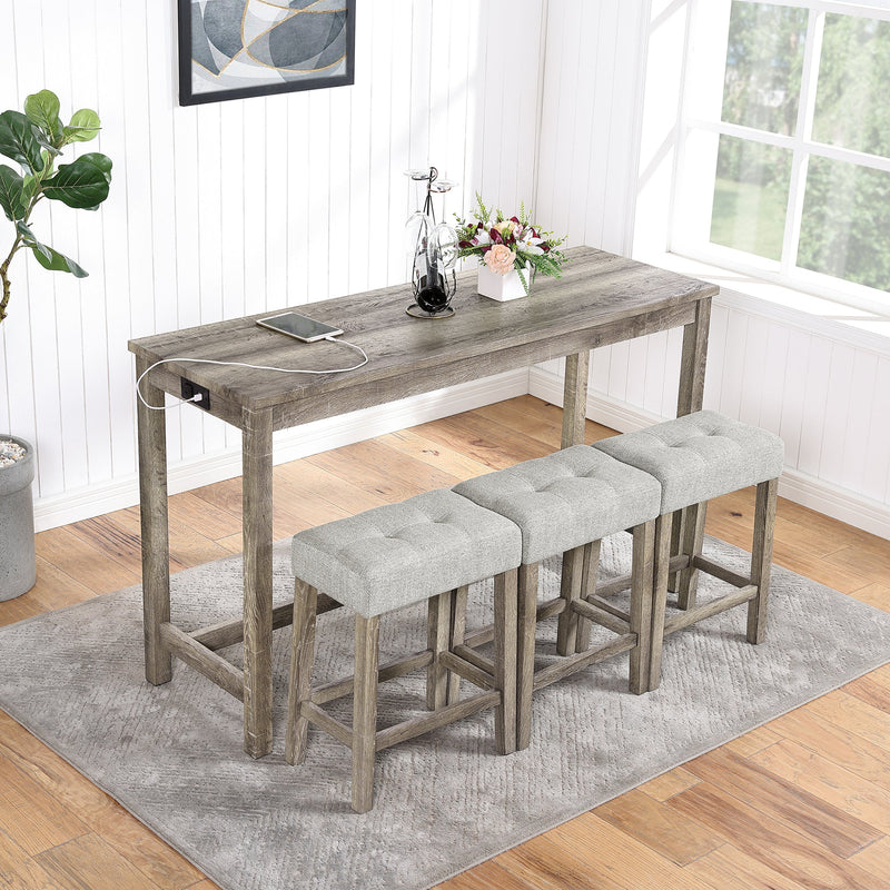 Bar Table Set with Power Outlet, Bar Table and Chairs Set, 4 Piece Dining Table Set, Industrial Breakfast Table Set, for Living Room, Dining Room, Game Room,O
