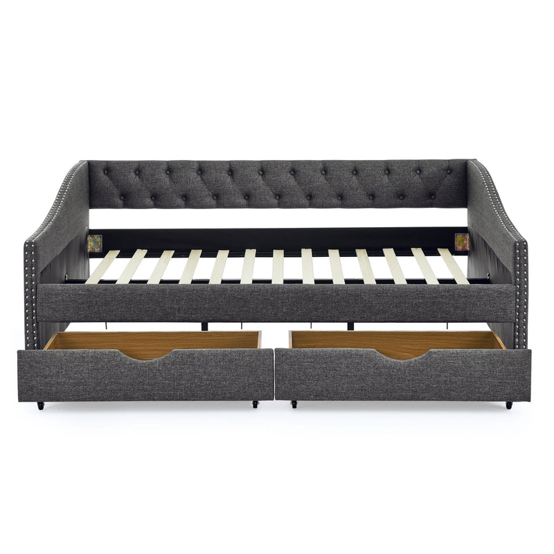 Full Size Daybed with Drawers Upholstered Tufted Sofa Bed, with Button on Back and Copper Nail on Waved Shape Arms(80.5"x55.5"x27.5")