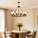12-Light Black Wagon Wheel Chandelier, 31.5" Modern Farmhouse Glass Pendant