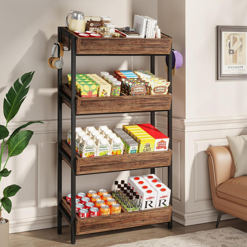 4 Tier Retail Display Rack With Hooks, Tall Metal Snack Stand With Shelves - Brown / Black, photo 3 of 9