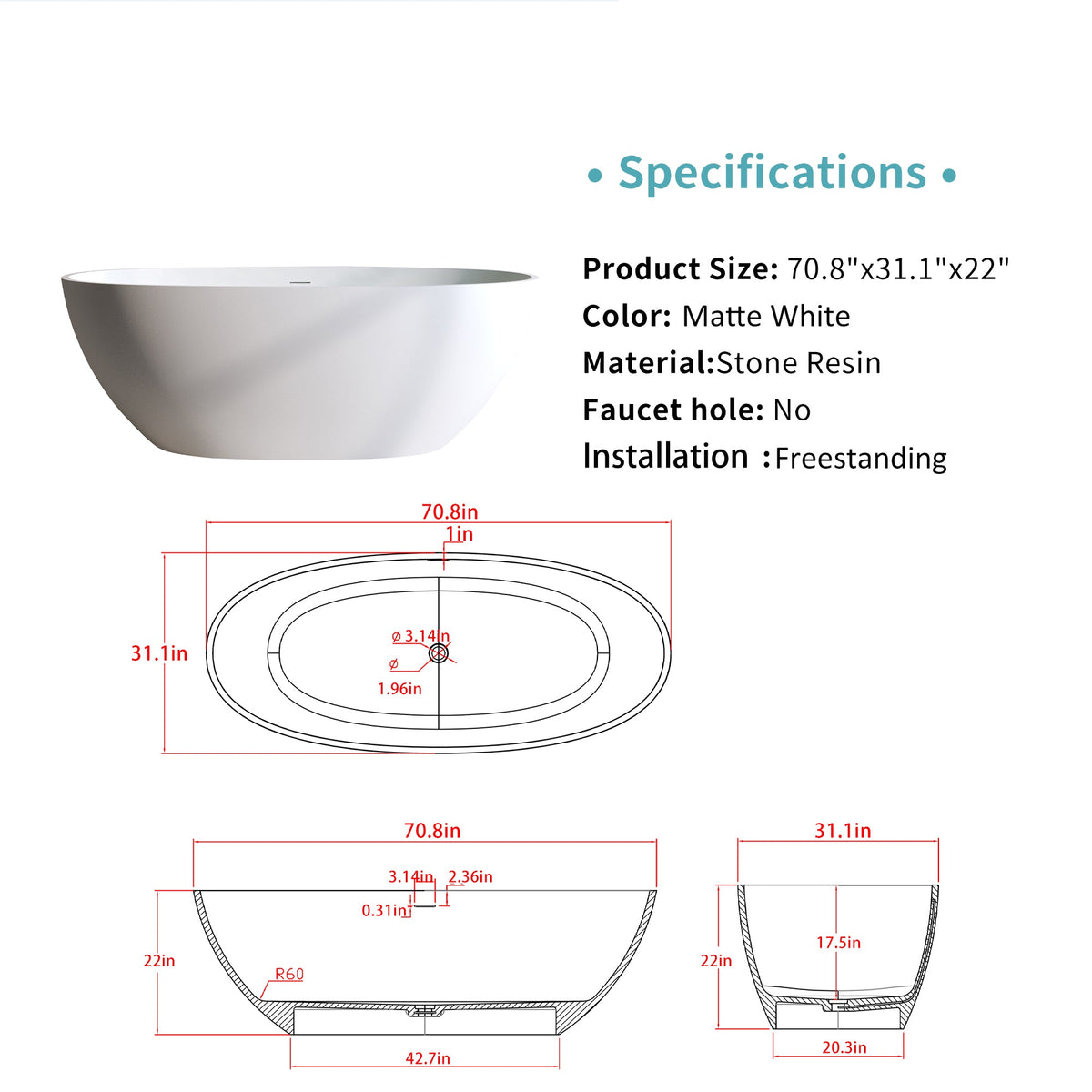 Solid Surface Freestanding Soaking Tub, photo 7 of 10