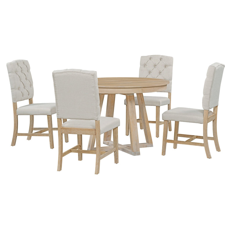 5-Piece Retro Functional Dining Set, Round Table with a 16"W Leaf and 4 Upholstered Chairs for Dining Room and Living Room (Natural)