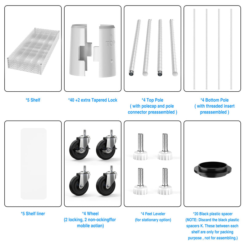 5 Tier 7500lbs Heavy Duty Adjustable Storage Rack Metal Shelf Wire Shelving Unit with Wheels & Shelf Liners - 82" H x 60" L x 24" D - White