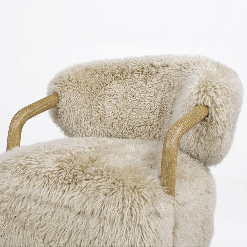 Becker - Rustic Oak Sheepskin Upholstered Accent Arm Chair - Taupe Beige, photo 6 of 13