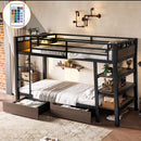 Twin Size Metal Bunk Bed with Storage Shelves, LED Light Strip, and USB Power Strip