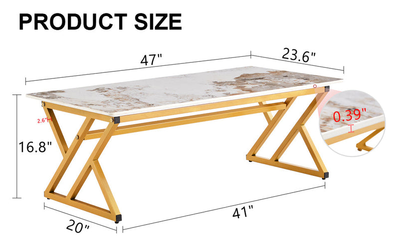 A modern minimalist style marble patterned coffee table with golden metal legs. Computer desk. Game table. Tea table. CT-XX