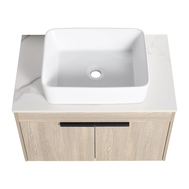 30" Modern Design Float Bathroom Vanity With Ceramic Basin Set, Wall Mounted White Oak Vanity With Soft Close Door, KD-PackingD-Packing Pieces