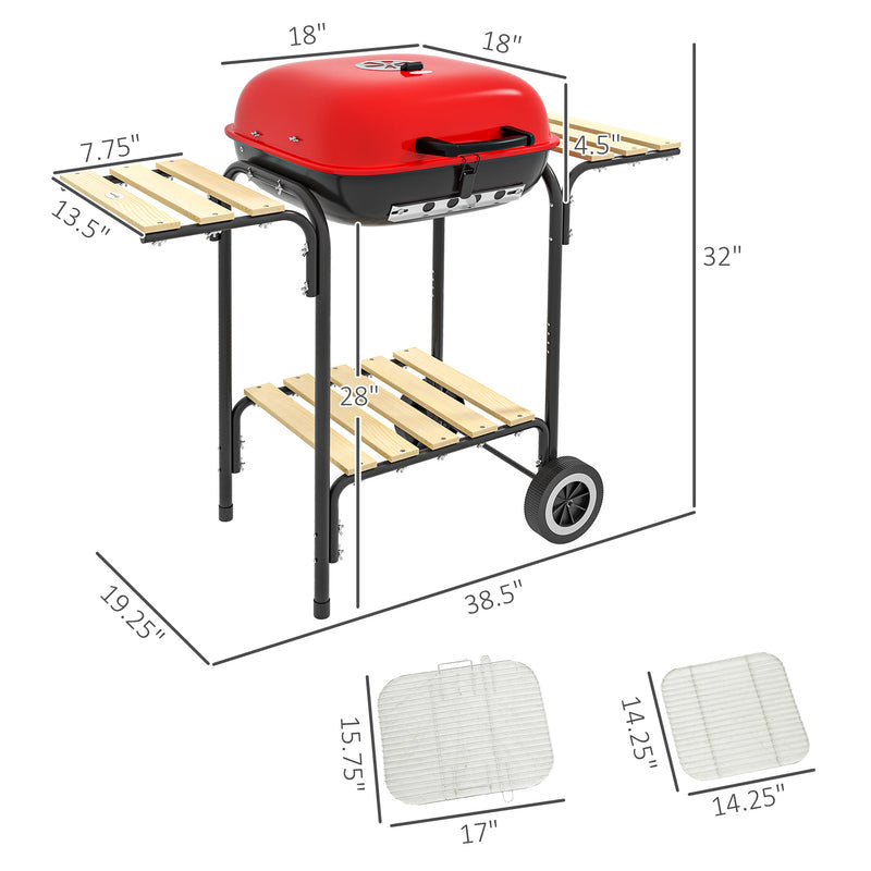 17" Portable Charcoal Grill with Wheels, 2 Side Tables and Bottom Shelf, BBQ with Adjustable Vents on Lid for Picnic, Camping, Backyard, Cooking, Red