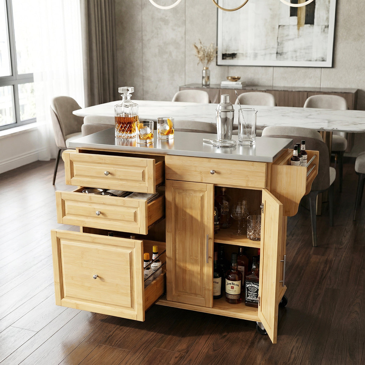 Indoor Bamboo Rolling Kitchen Island with Stainless Steel Top, photo 4 of 10