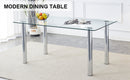 A modern minimalist style glass dining table. Transparent tempered glass tabletop with a thickness of 0.3 feet and silver metal legs. Suitable for restaurants and living rooms. 63 "x 35.4" x 30"