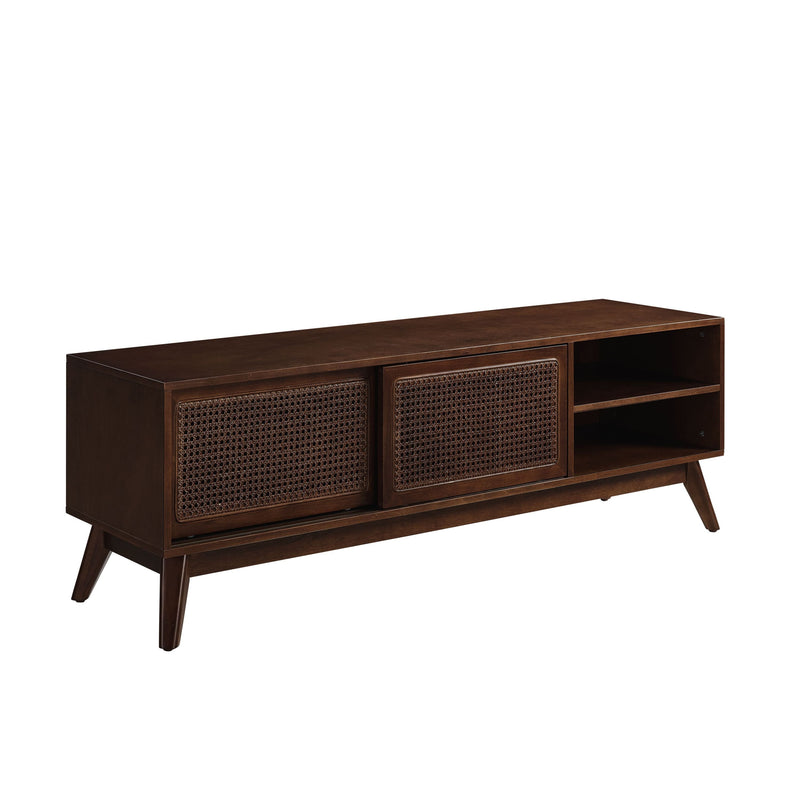 59 Inch Mid Century Modern Rattan TV Stand for 65 Inch TV, Entertainment Cabinet, Media Console for Living Room Bedroom Media Room, Solid Wood Feet & Rattan Cabinet Doors - Dark Wood