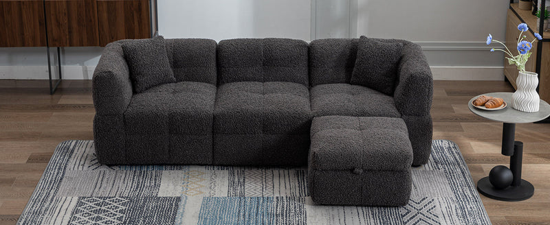 87.7" Sectional Sofa Cozy Teddy Fleece Fabric Sectional Sofa Couch with Two USB Ports a Movable Storage Ottoman and Two Lumbar Pillows for Living Room, Gray