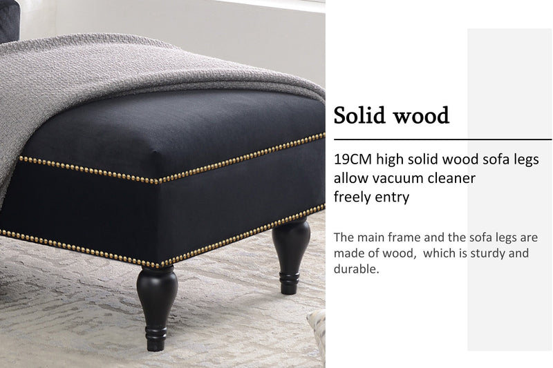 58" Velvet Chaise Lounge, Button Tufted Right Arm Facing Lounge Chair with Nailhead Trim & Solid Wood Legs for Living Room or Office, Sleeper Lounge Sofa (Black)