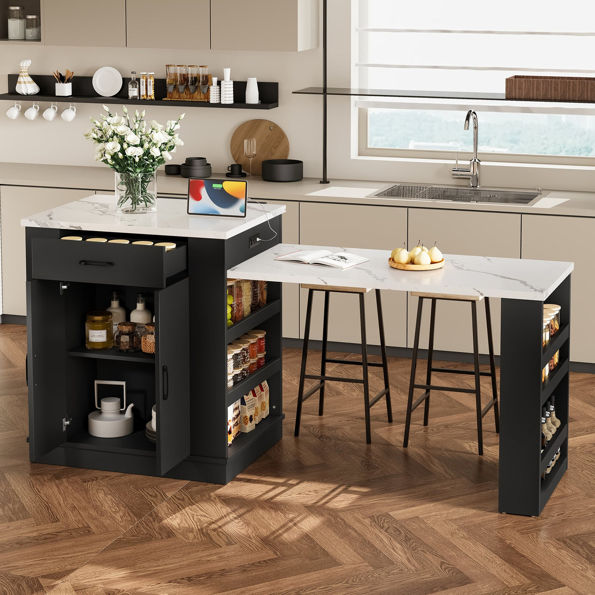 Extendable Island Console with Drawers, Double-Door Cabinet, and Open Shelving, photo 2 of 10