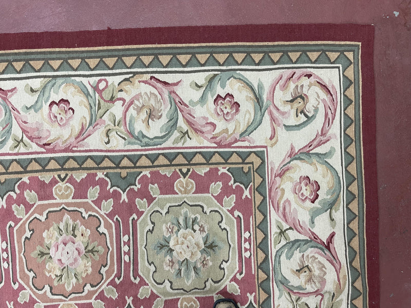 9x9 Square Rug Hand Knotted, Needlepoint Aubusson Carpet, Blush Red, Beige, Green, New, Mint Condition Area Rug, English European Design