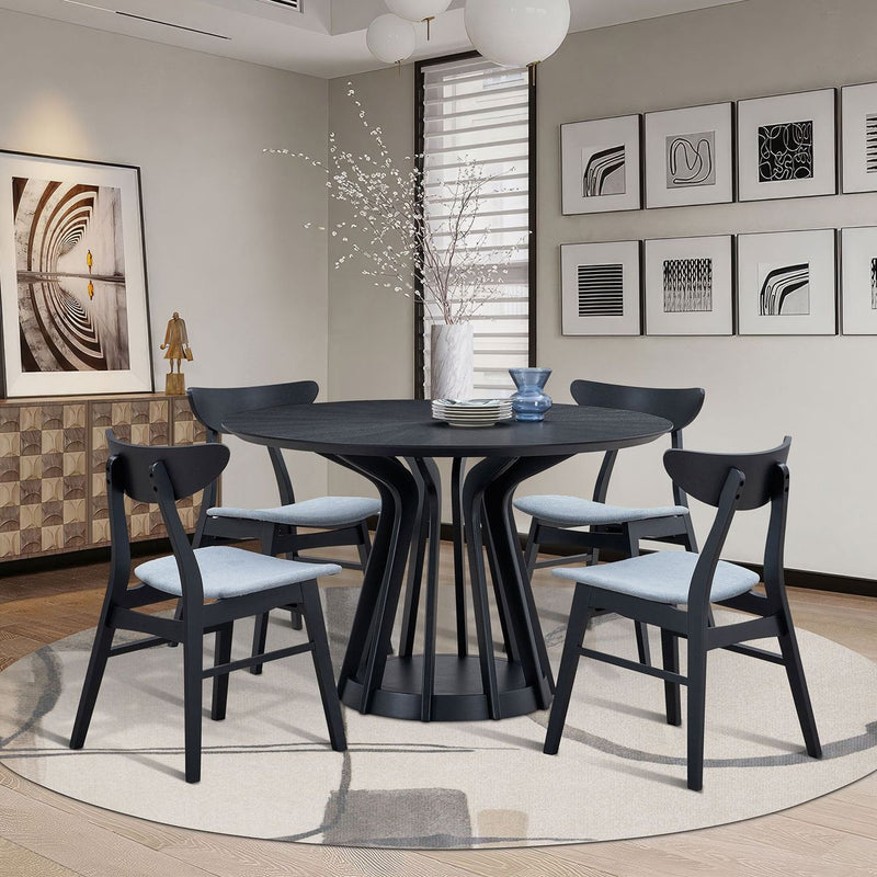 (1 Table+4 Chairs)Modern Dining Table Set of 5 pcs,Wooden Dining Table and Upholstered Chairs for Living Room,Round Kitchen Set with Sturdy Legs for Restaurant,Black