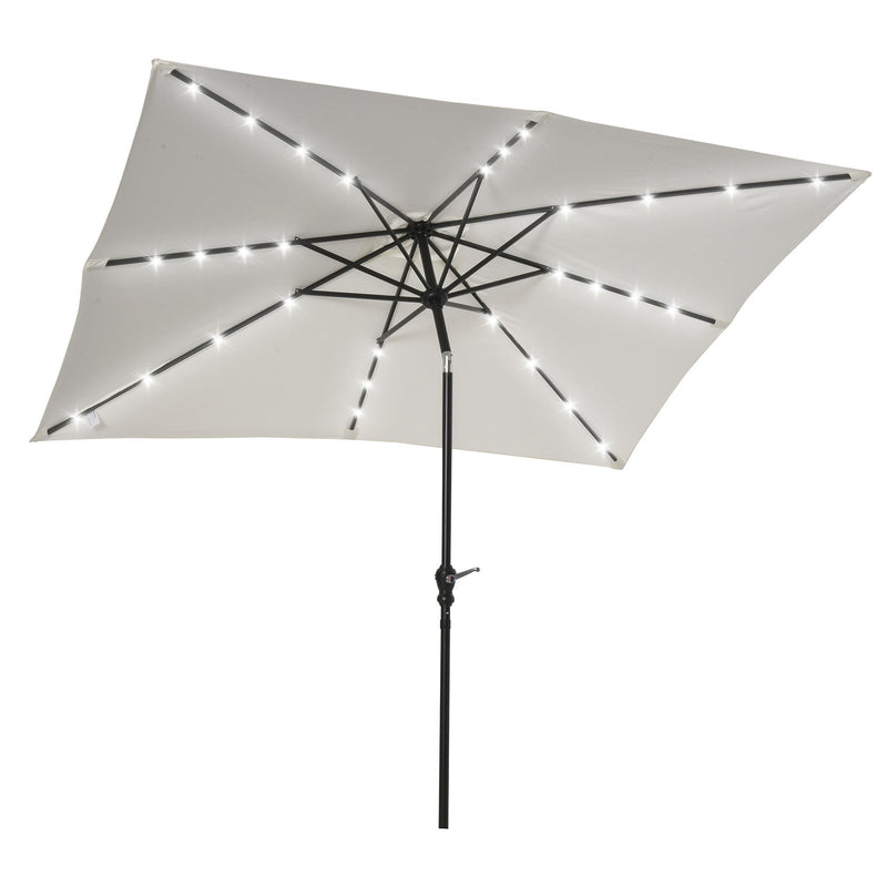 9' x 7' Solar Umbrella, LED Lighted Patio Umbrella for Table or Base with Tilt & Crank, Outdoor Umbrella for Garden, Deck, Backyard, Pool, Beach, White